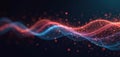 Abstract digital wave pattern with vibrant blue, reddish colors. Particles flow smoothly in dynamic wave pattern. Bokeh lights