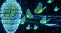 Abstract Digital World with Binary Code Globe and Neon Butterflies - Technology Background Royalty Free Stock Photo