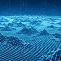 Abstract Digital World with Glowing Blue Wireframe Landscape and Flowing Binary Data Stream in a Futuristic Technology Concept Royalty Free Stock Photo