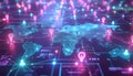 Abstract Digital World Map with Bright Neon Lights, Glowing Location Pins, and Interconnected Lines Symbolizing Global Technology Royalty Free Stock Photo