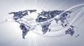 Abstract digital world map featuring bright light trails symbolizing global data connections and technology transfer Royalty Free Stock Photo