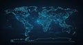 Digital glowing blue world map illustrating global network connections and data communication across continents. Royalty Free Stock Photo