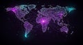 Abstract digital world map displaying a futuristic global network of interconnected points and communication lines. Royalty Free Stock Photo
