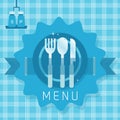 Abstract dining ware icons on blue seamless plaid