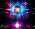 Abstract disco ball with flares, lights above reflective dancefloor