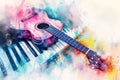 Abstract distressed watercolour painting of an acoustic guitar and electric piano keyboard synthesiser Royalty Free Stock Photo