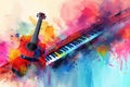 Abstract distressed watercolour painting of an acoustic guitar and electric piano keyboard synthesiser