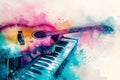 Abstract distressed watercolour painting of an acoustic guitar and electric piano keyboard Royalty Free Stock Photo
