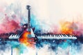 Abstract distressed watercolour painting of an electric guitar and piano keyboard synthesiser