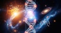 Abstract dna helix glowing amidst cosmic nebula clouds and starry galaxy formations Royalty Free Stock Photo