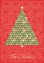 Abstract doodle art christmas tree from Hand drawn green and gold patterned squares on red background Royalty Free Stock Photo