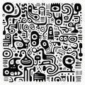 Abstract Doodle Art: Imaginary Creatures And Robots In Minimalist Style