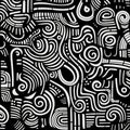 Black And White Doodle Pattern On Black Background