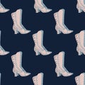 Abstract doodle seamless pattern with pink colored women elegance shoes print. Navy blue background Royalty Free Stock Photo