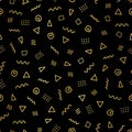 Abstract doodle shapes gold foil seamless vector background. Shiny metallic golden triangles, twirls, squares, dots on black. Royalty Free Stock Photo