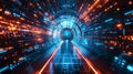 Abstract door in tunnel with digital data center light signals