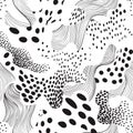 Abstract dotted seamless pattern with chaotic flowing swirl lines and blots in geometric style. Dots and blots artistic stylish Royalty Free Stock Photo