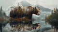 Grizzly bear double exposure design with mountain forest nature background Royalty Free Stock Photo