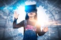 The abstract double exposure image of the girl using smart glasses or VR glasses overlay with virtual hologram image. the concept Royalty Free Stock Photo