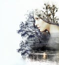 Abstract double exposure of woman and beauty of nature at the su Royalty Free Stock Photo
