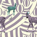 Abstract draw herd zebras pink green black on the background of purple