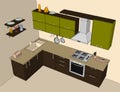 Abstract drawing of green and brown modern corner kitchen interior.