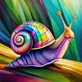 Drawing of an iridescent snail in bright colors.