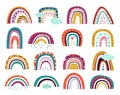 Abstract drawing rainbows. Cartoon weather, pastel modern scandinavian clouds clipart. Different unusual shapes rainy