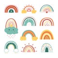 Abstract drawing rainbows. Different rainbow, flat shapes unusual pretty childish objects. Scandinavian minimal style