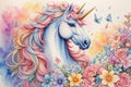 Abstract drawing of unicorns, fairies and rainbows in a watercolor detailed styles background