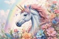 Abstract drawing of unicorns, fairies and rainbows in a watercolor detailed styles background