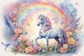 Abstract drawing of unicorns, fairies and rainbows in a watercolor detailed styles background