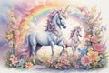 Abstract drawing of unicorns, fairies and rainbows in a watercolor detailed styles background