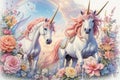 Abstract drawing of unicorns, fairies and rainbows in a watercolor detailed styles background