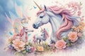 Abstract drawing of unicorns, fairies and rainbows in a watercolor detailed styles background