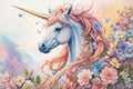 Abstract drawing of unicorns, fairies and rainbows in a watercolor detailed styles background