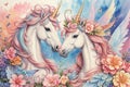 Abstract drawing of unicorns, fairies and rainbows in a watercolor detailed styles background