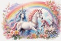 Abstract drawing of unicorns, fairies and rainbows in a watercolor detailed styles background