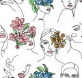 Abstract drawing of women`s faces with black lines with flowers instead of hair on a white background painted in bright colors. Royalty Free Stock Photo