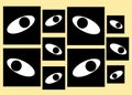 An abstract duplications of a single human eye within a black square box light yellow beige backdrop