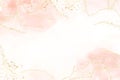 Abstract dusty blush liquid watercolor background with golden crackers. Pastel pink marble alcohol ink drawing effect