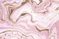 Abstract dusty pink liquid marble background with shiny glitter and gold foil textured stripes. Pastel marbled alcohol