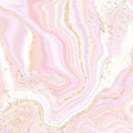 Abstract dusty pink liquid marbled watercolor background with golden crackers. Pastel marble alcohol ink drawing effect