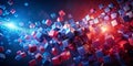 Abstract dynamic cube cluster a vibrant interplay of blue and red metallic cubes in motion, creating a sense of energy and