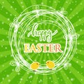 Abstract easter card with a cute yellow chick on green rays background, illustration. Happy easter card Royalty Free Stock Photo