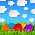 Abstract Easter eggs made of paper on colorful spring background