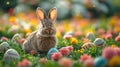 Abstract Easter Scene With Bunny Ears Behind Grass And Decorated Eggs In Flowery Field Royalty Free Stock Photo