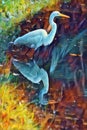 The abstract egret scene displays the beautiful reflection of a still-water pond while our egret hunts its prey
