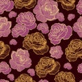 Abstract elegance seamless floral pattern. Beautiful flowers vector illustration texture with pink, gold roses on dark burgundy Royalty Free Stock Photo