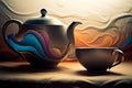 Abstract Elegance: Teapot and Teacup with Colorful Wave Designs